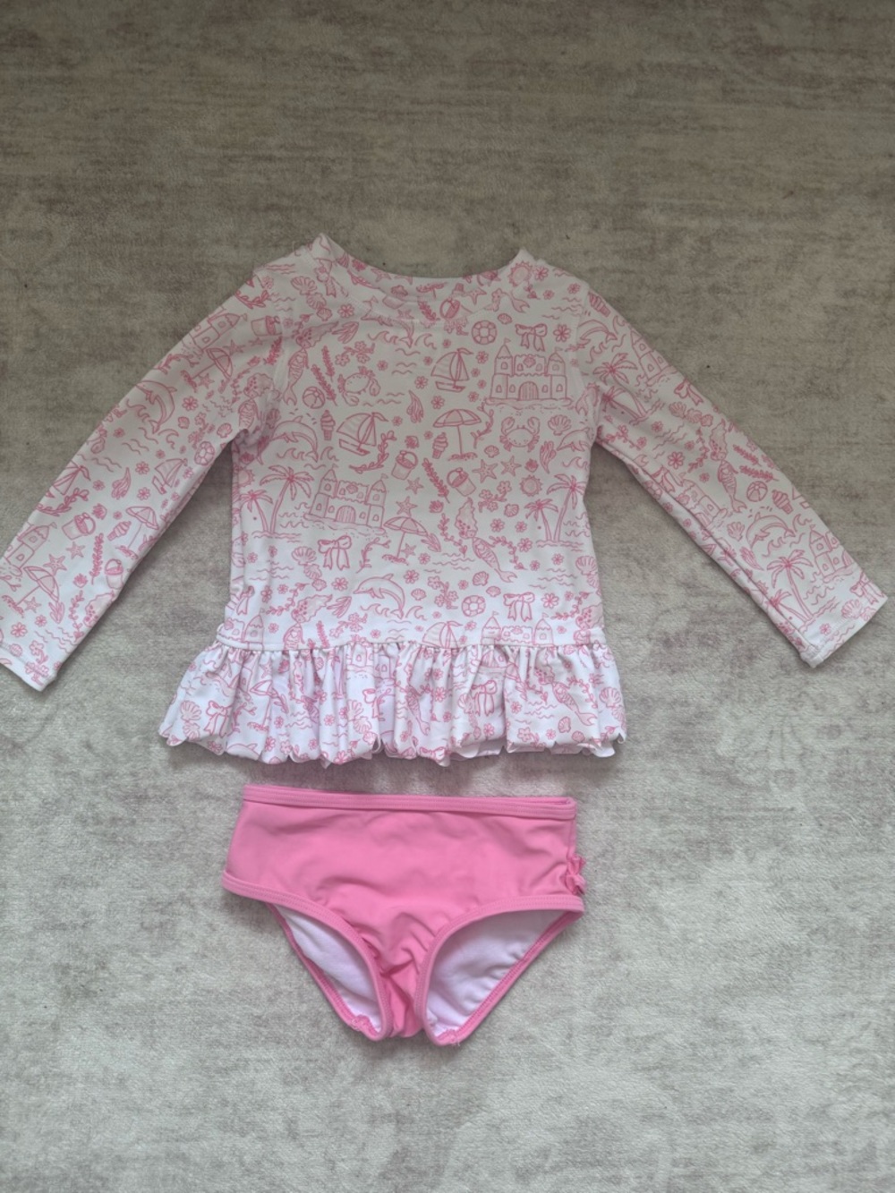 Girls' Pink Printed Long Sleeve Rash Guard Top & Bikini Bottom Set